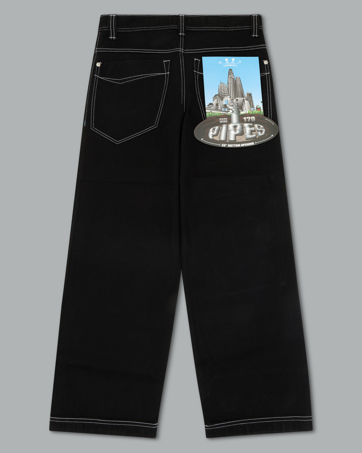 Black wide-leg jeans laid flat, back view, with a city-illustrated flasher card reading Easy Wide 179 Pipes in the pocket