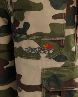 W Indicator Cargo Shorts. 14.5" Inseam. Swamp Camo.