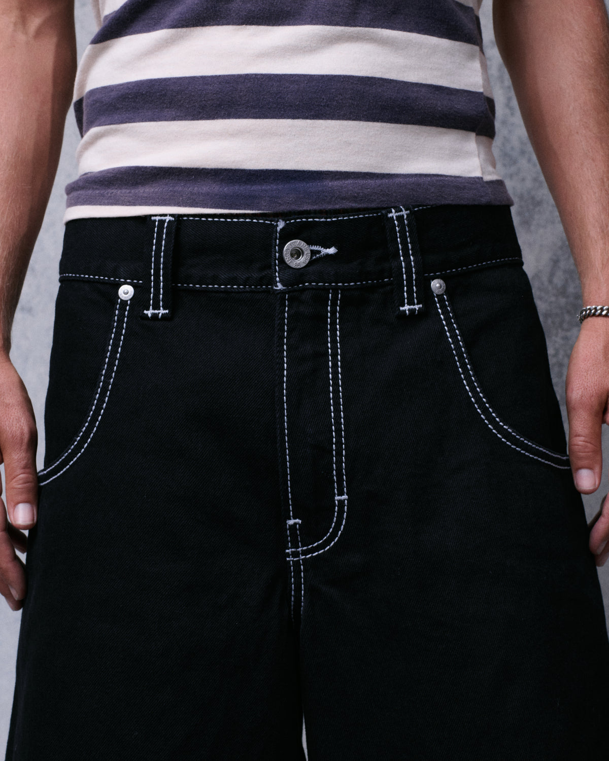 Close-up of the black shorts' front waistband, button, fly and front pockets with white double stitching