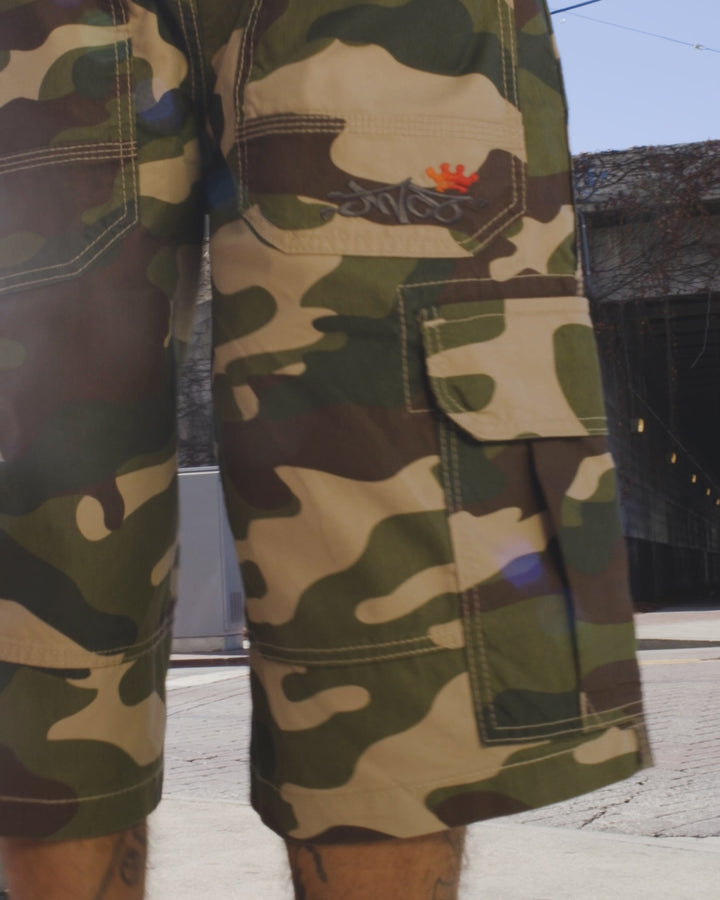 Indicator Cargo Shorts. 14.5” Inseam. Swamp Camo.